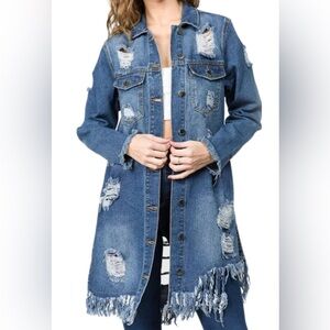 Daisy Distressed Denim Long Length Jacket
